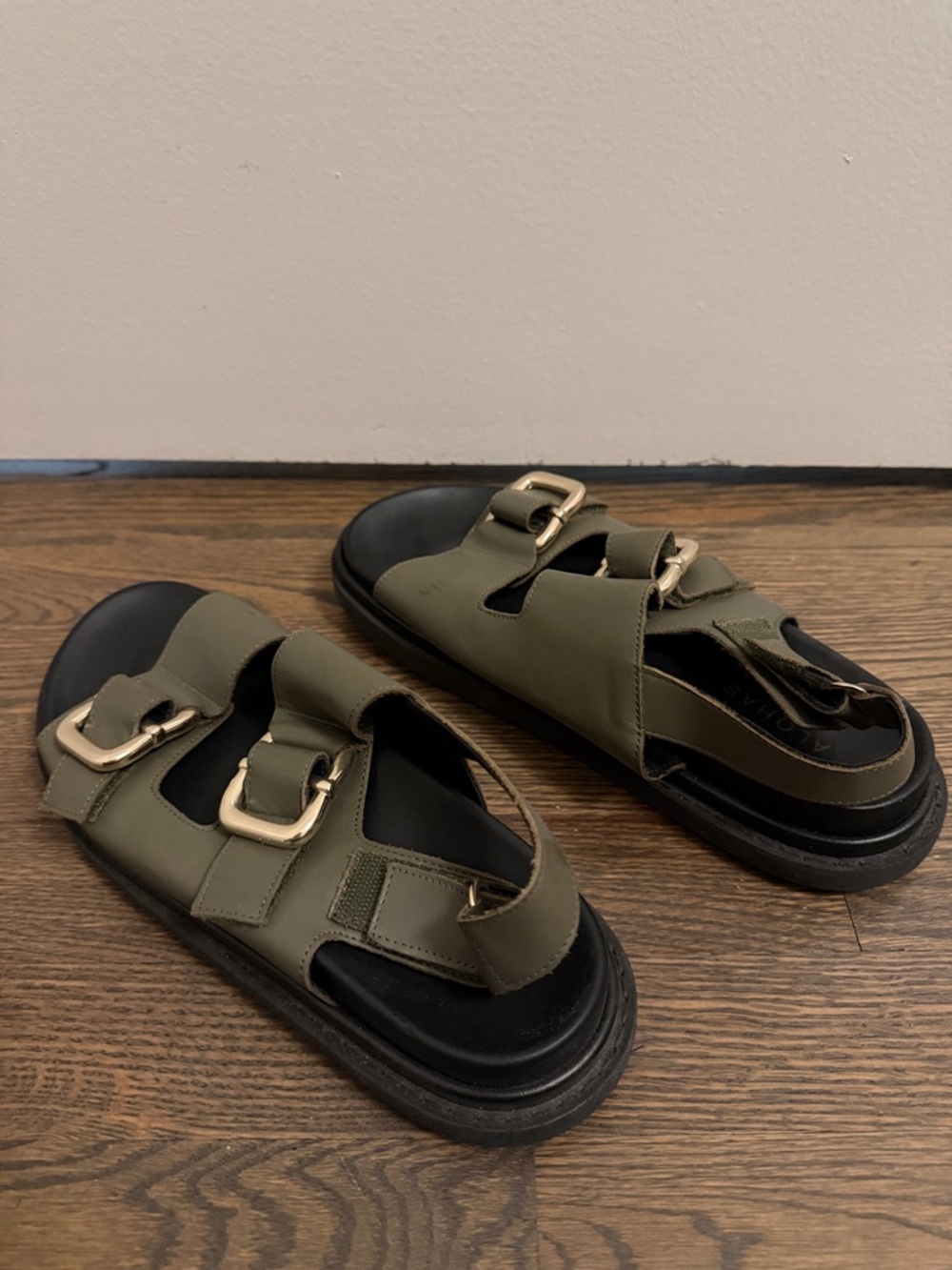 ALOHAS Olive Green Dual-Buckle Slide Sandals with Black Footbed